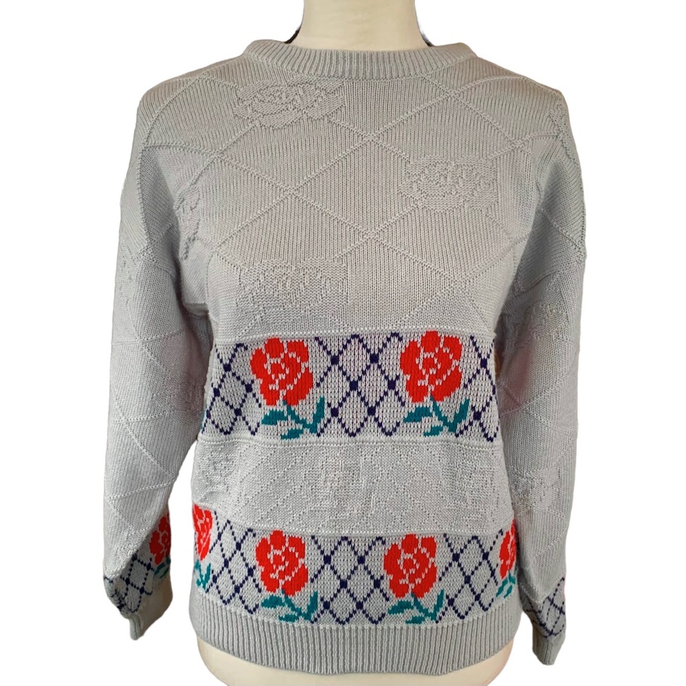 Vintage 80s Rainbow Ridge Rose Floral Knit Sweater Size Small